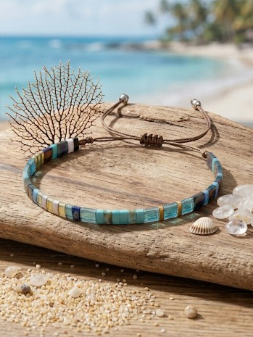 Tila Glass Bead Bracelet Ocean Teal Olive Adjustable Boho Layering Stacking
